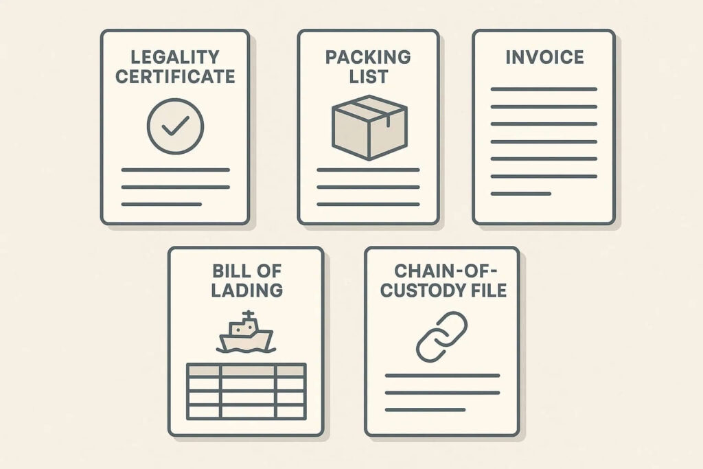 Flat-lay graphic showing essential Indonesian wood export documents.