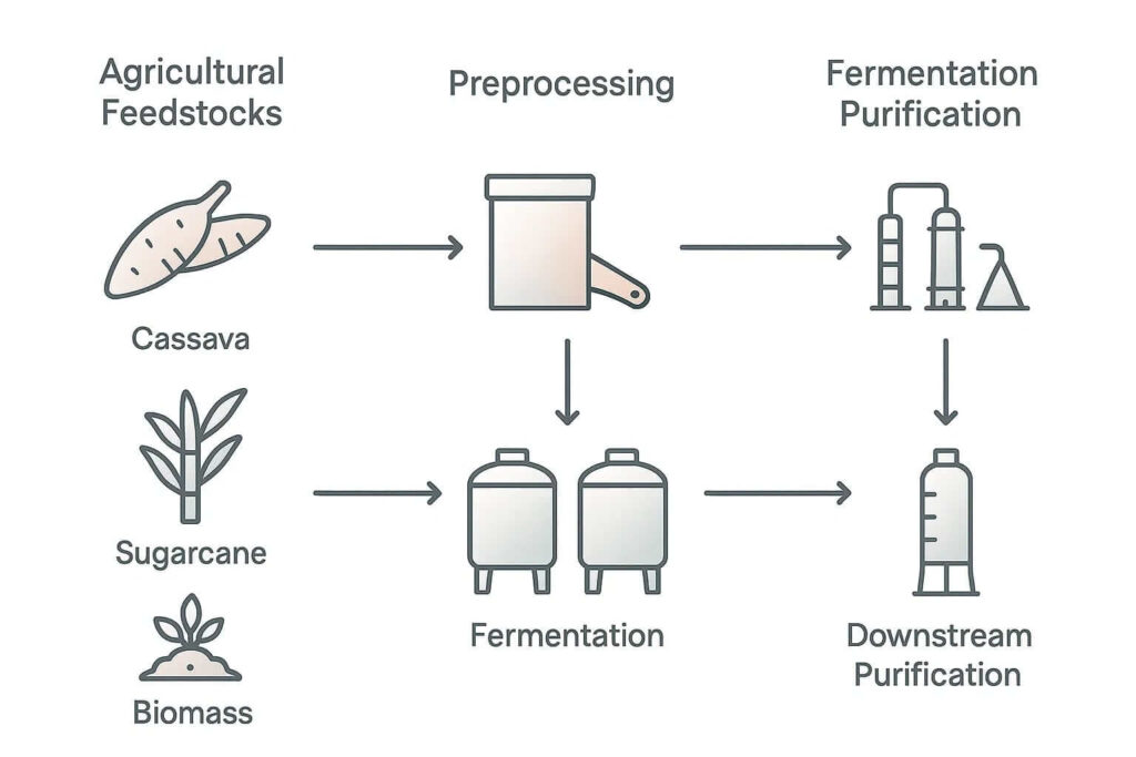 Diagram showing the flow of agricultural feedstock into fermentation processes.