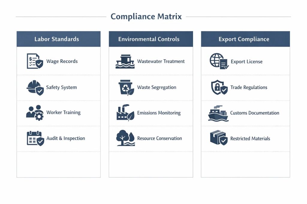 Matrix comparing labor, environmental, and export compliance verification areas.